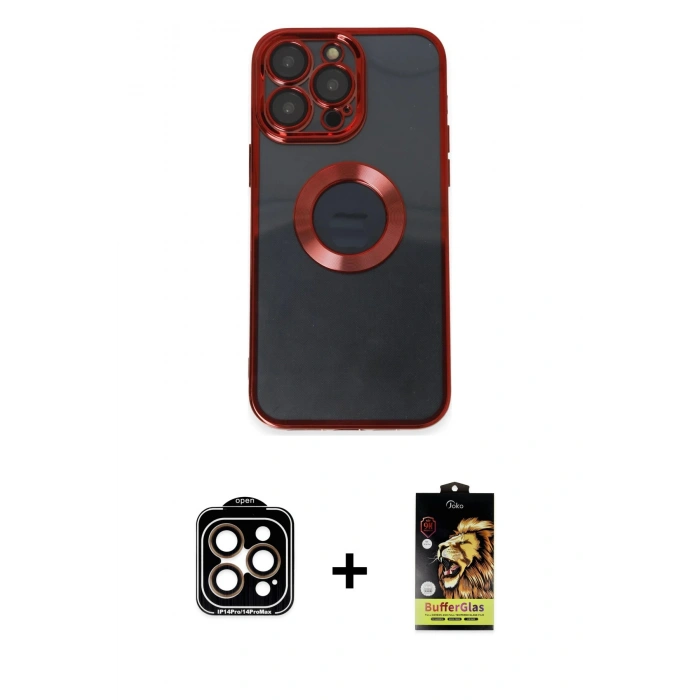 MARSİLYAN™- iPhone 14 Pro Max Kılıf Pusula Form - Siyah Buffer Cam Ekran Koruyucu + PVD Metal Kamera Lens - TU