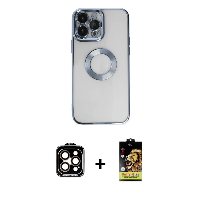 MARSİLYAN™- iPhone 14 Pro Max Kılıf Pusula Form - Siyah Buffer Cam Ekran Koruyucu + PVD Metal Kamera Lens - TU