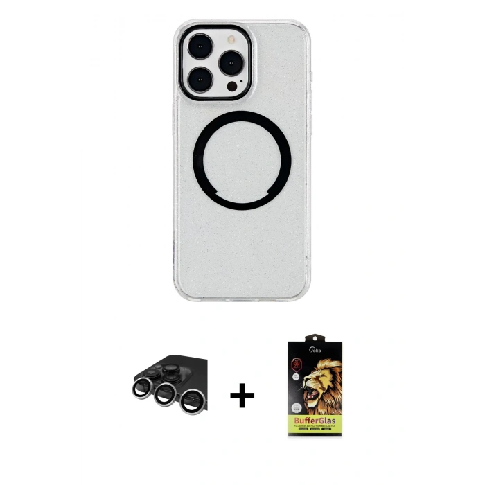 MARSİLYAN™- iPhone 14 Pro Max Kılıf Pusula Form - Siyah Buffer Cam Ekran Koruyucu + Raze Metal Kamera Lens - GS