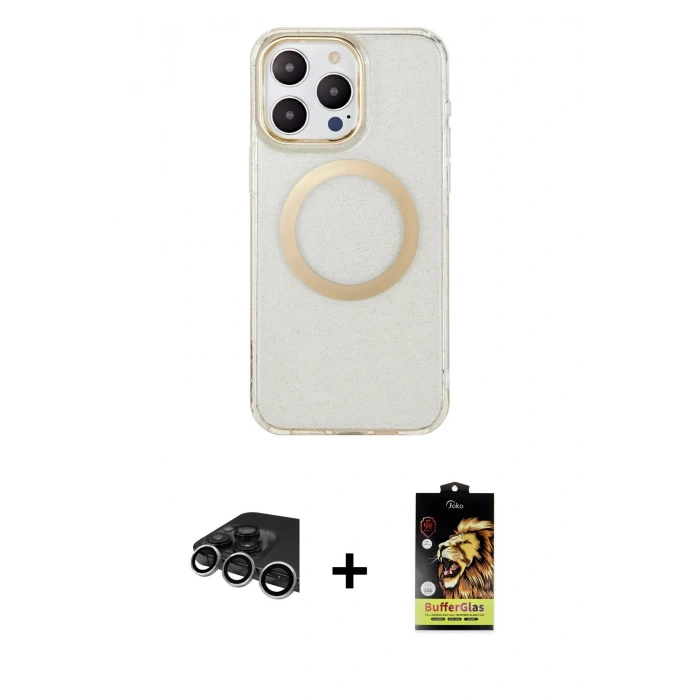 MARSİLYAN™- iPhone 14 Pro Max Kılıf Pusula Form - Siyah Buffer Cam Ekran Koruyucu + Raze Metal Kamera Lens - GS
