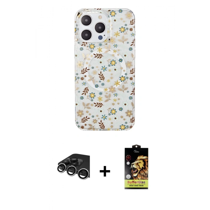 MARSİLYAN™- iPhone 14 Pro Max Kılıf Pusula Form - Siyah Buffer Cam Ekran Koruyucu + Raze Metal Kamera Lens - GS