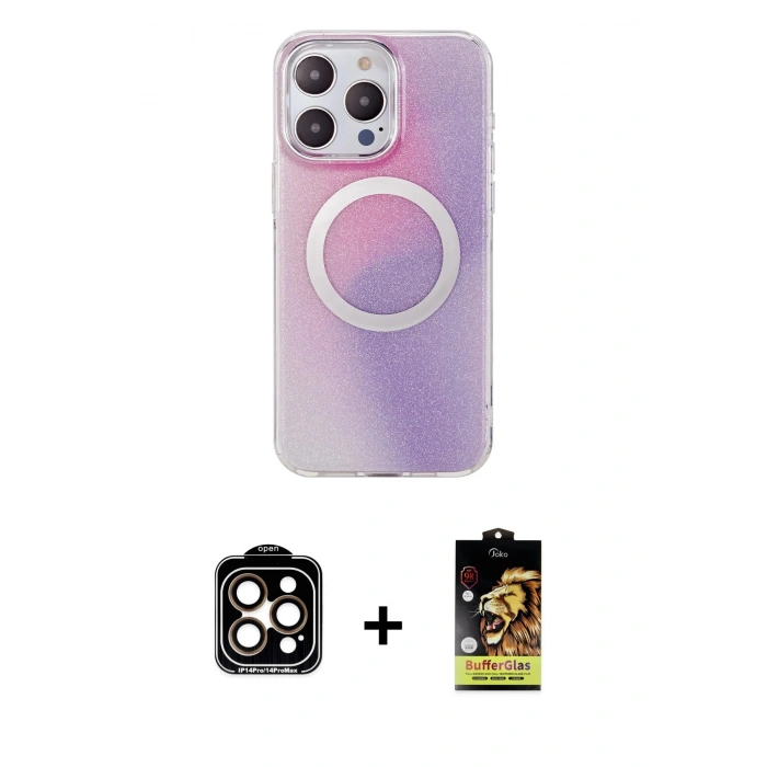 MARSİLYAN™- iPhone 14 Pro Max Kılıf Pusula Form - Siyah Buffer Cam Ekran Koruyucu + Turuncu PVD Metal Kamera Lens
