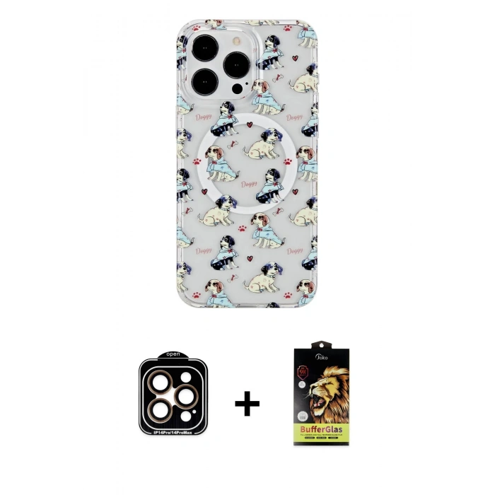 MARSİLYAN™- iPhone 14 Pro Max Kılıf Pusula Form - Siyah Buffer Cam Ekran Koruyucu + Turuncu PVD Metal Kamera Lens