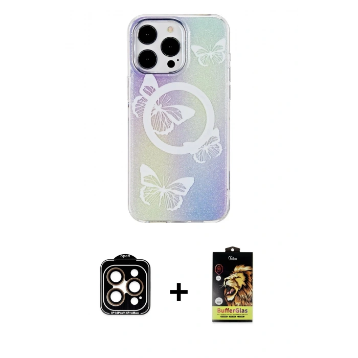 MARSİLYAN™- iPhone 14 Pro Max Kılıf Pusula Form - Siyah Buffer Cam Ekran Koruyucu + Turuncu PVD Metal Kamera Lens