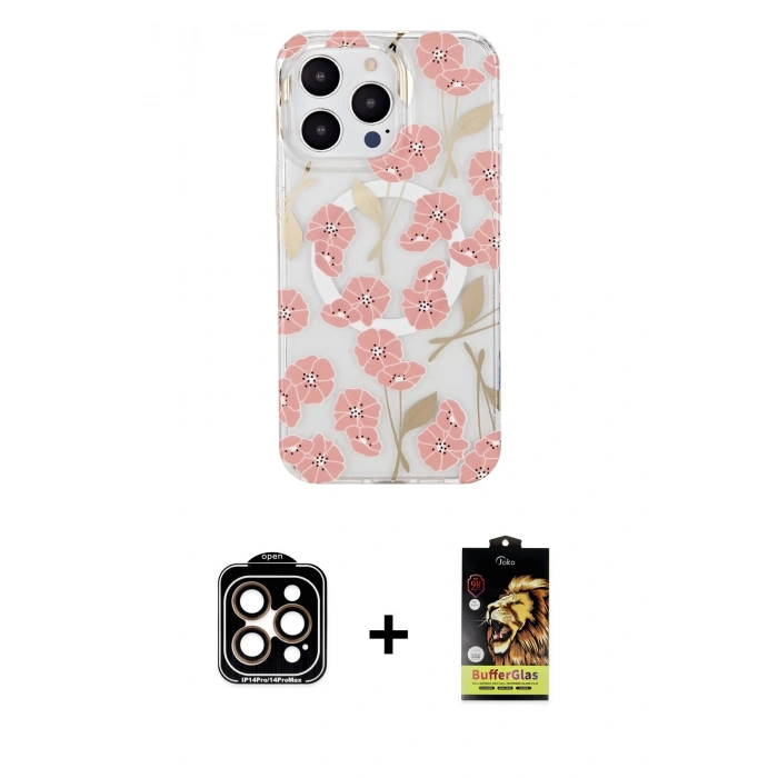 MARSİLYAN™- iPhone 14 Pro Max Kılıf Pusula Form - Siyah Buffer Cam Ekran Koruyucu + Turuncu PVD Metal Kamera Lens
