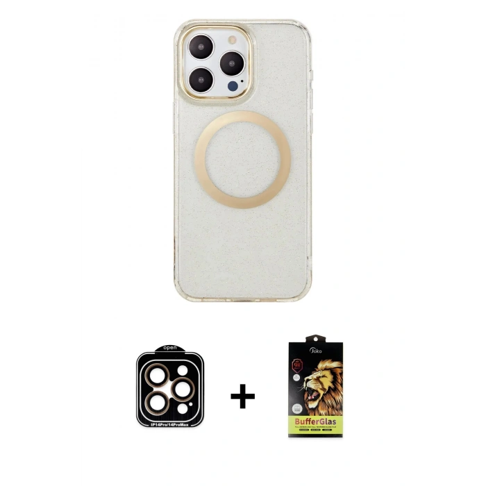 MARSİLYAN™- iPhone 14 Pro Max Kılıf Pusula Form - Siyah Buffer Cam Ekran Koruyucu + Turuncu PVD Metal Kamera Lens