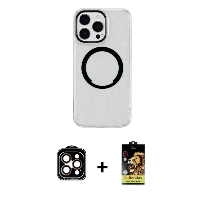 MARSİLYAN™- iPhone 14 Pro Max Kılıf Pusula Form - Siyah Buffer Cam Ekran Koruyucu + Turuncu PVD Metal Kamera Lens