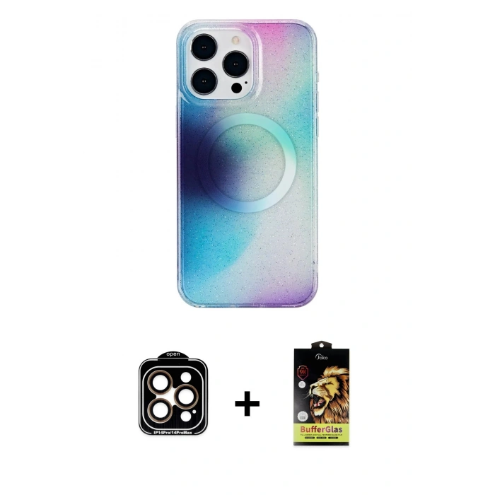 MARSİLYAN™- iPhone 14 Pro Max Kılıf Pusula Form - Siyah Buffer Cam Ekran Koruyucu + Turuncu PVD Metal Kamera Lens