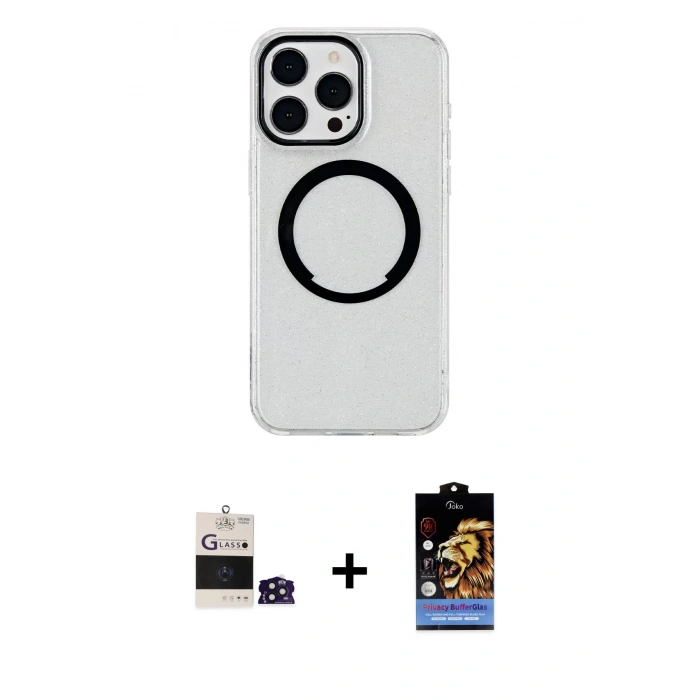 MARSİLYAN™- iPhone 14 Pro Max Kılıf Pusula Form - Siyah Buffer Hayalet Cam Ekran Koruyucu + Bilvis Titan Kamera Lens - DNMR