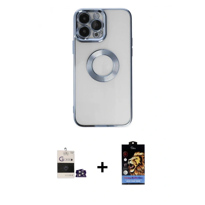 MARSİLYAN™- iPhone 14 Pro Max Kılıf Pusula Form - Siyah Buffer Hayalet Cam Ekran Koruyucu + Gümüş Bilvis Titan Kamera Lens
