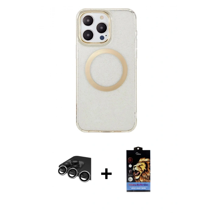 MARSİLYAN™- iPhone 14 Pro Max Kılıf Pusula Form - Siyah Buffer Hayalet Cam Ekran Koruyucu + Raze Metal Kamera Lens - GS