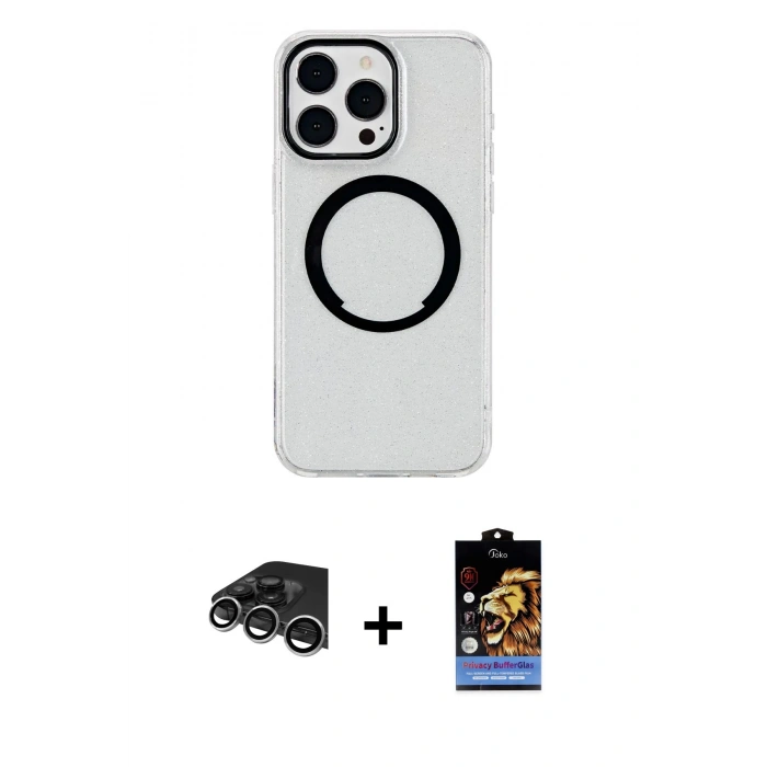 MARSİLYAN™- iPhone 14 Pro Max Kılıf Pusula Form - Siyah Buffer Hayalet Cam Ekran Koruyucu + Raze Metal Kamera Lens - GS