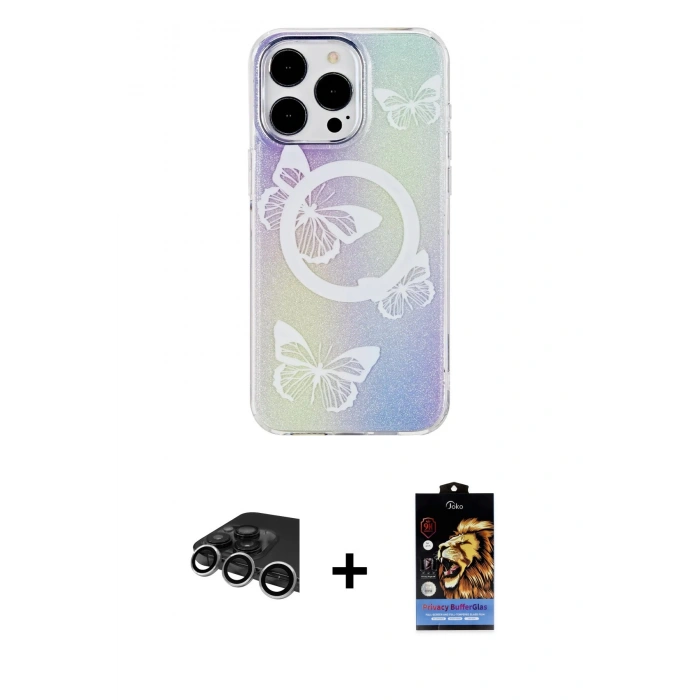 MARSİLYAN™- iPhone 14 Pro Max Kılıf Pusula Form - Siyah Buffer Hayalet Cam Ekran Koruyucu + Raze Metal Kamera Lens - GS