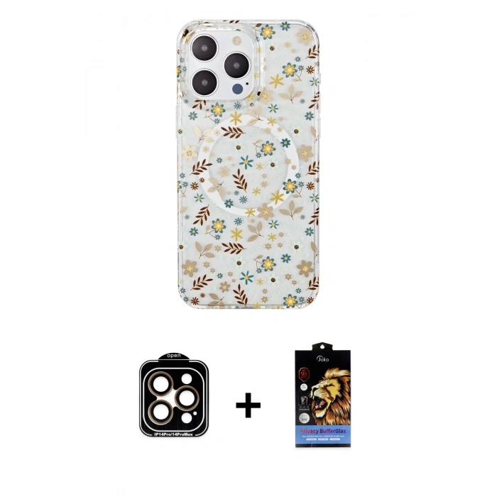 MARSİLYAN™- iPhone 14 Pro Max Kılıf Pusula Form - Siyah Buffer Hayalet Cam Ekran Koruyucu + PVD Metal Kamera Lens - TU