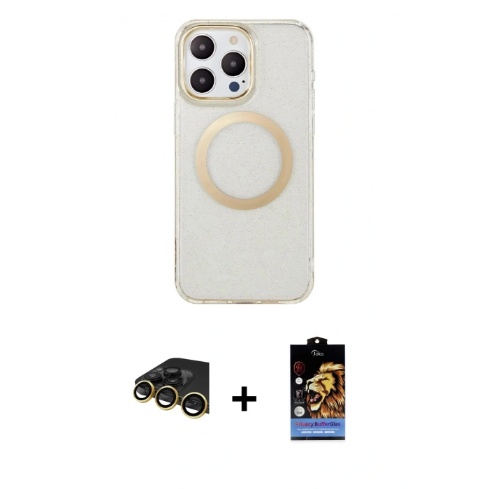 MARSİLYAN™- iPhone 14 Pro Max Kılıf Pusula Form - Siyah Buffer Hayalet Cam Ekran Koruyucu + Raze Metal Kamera Lens - GD