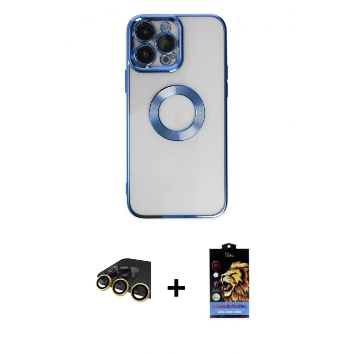 MARSİLYAN™- iPhone 14 Pro Max Kılıf Pusula Form - Siyah Buffer Hayalet Cam Ekran Koruyucu + Raze Metal Kamera Lens - GD