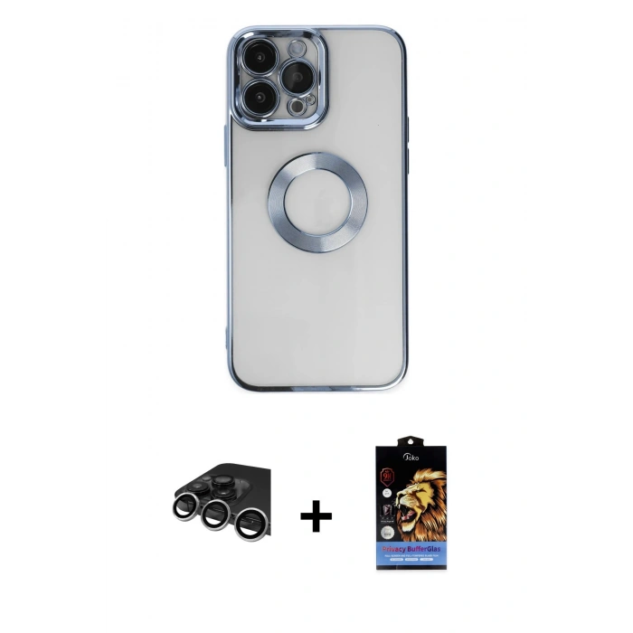 MARSİLYAN™- iPhone 14 Pro Max Kılıf Pusula Form - Siyah Buffer Hayalet Cam Ekran Koruyucu + Raze Metal Kamera Lens - GS