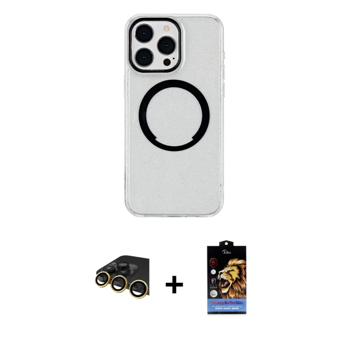 MARSİLYAN™- iPhone 14 Pro Max Kılıf Pusula Form - Siyah Buffer Hayalet Cam Ekran Koruyucu + Raze Metal Kamera Lens - GD