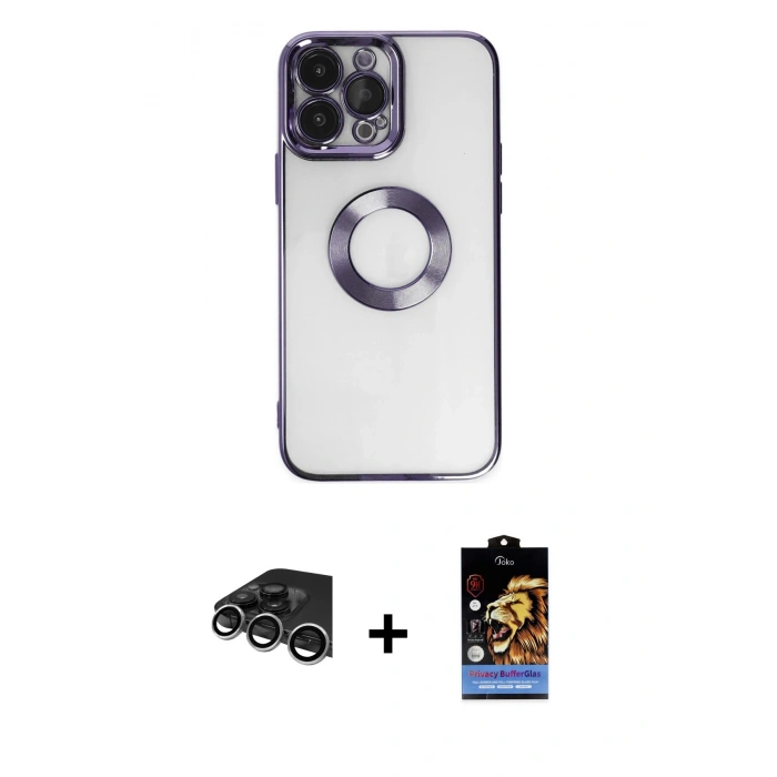 MARSİLYAN™- iPhone 14 Pro Max Kılıf Pusula Form - Siyah Buffer Hayalet Cam Ekran Koruyucu + Raze Metal Kamera Lens - GS