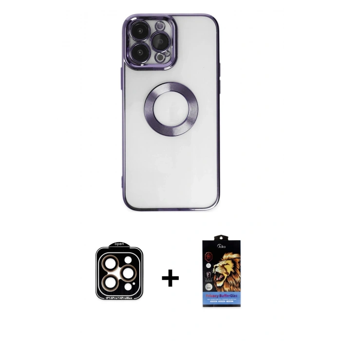 MARSİLYAN™- iPhone 14 Pro Max Kılıf Pusula Form - Siyah Buffer Hayalet Cam Ekran Koruyucu + Turuncu PVD Metal Kamera Lens