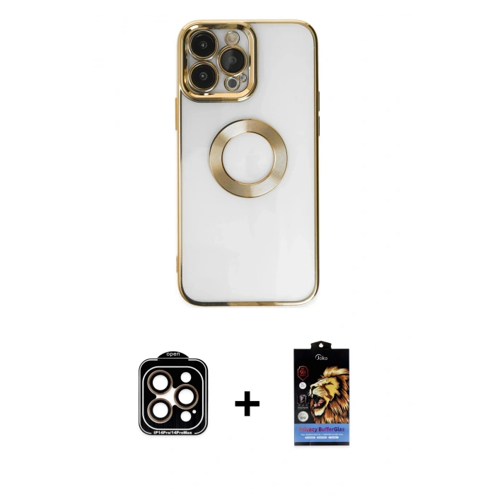 MARSİLYAN™- iPhone 14 Pro Max Kılıf Pusula Form - Siyah Buffer Hayalet Cam Ekran Koruyucu + Turuncu PVD Metal Kamera Lens