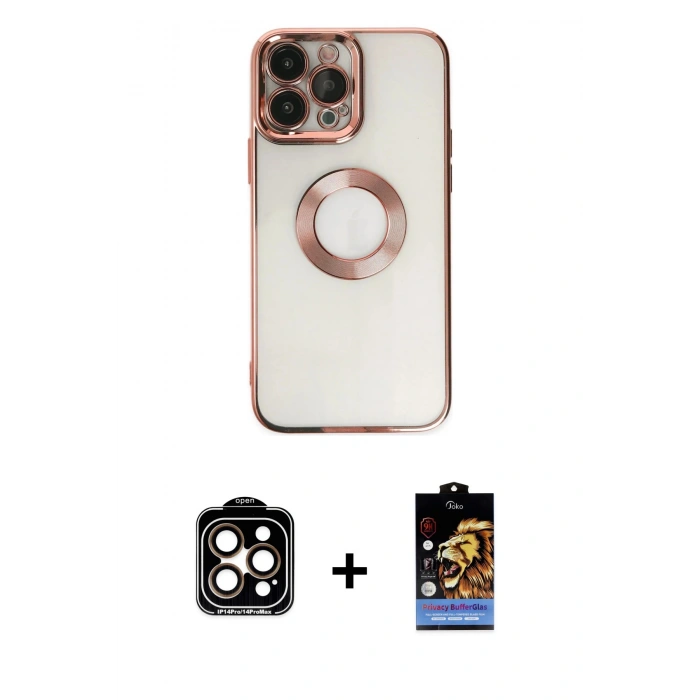 MARSİLYAN™- iPhone 14 Pro Max Kılıf Pusula Form - Siyah Buffer Hayalet Cam Ekran Koruyucu + Turuncu PVD Metal Kamera Lens