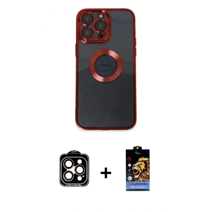 MARSİLYAN™- iPhone 14 Pro Max Kılıf Pusula Form - Siyah Buffer Hayalet Cam Ekran Koruyucu + Turuncu PVD Metal Kamera Lens