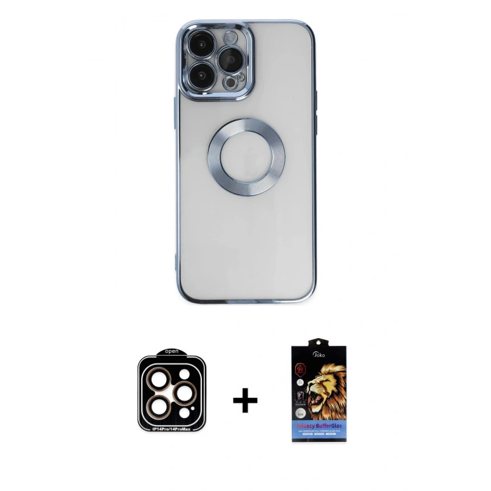 MARSİLYAN™- iPhone 14 Pro Max Kılıf Pusula Form - Siyah Buffer Hayalet Cam Ekran Koruyucu + Turuncu PVD Metal Kamera Lens