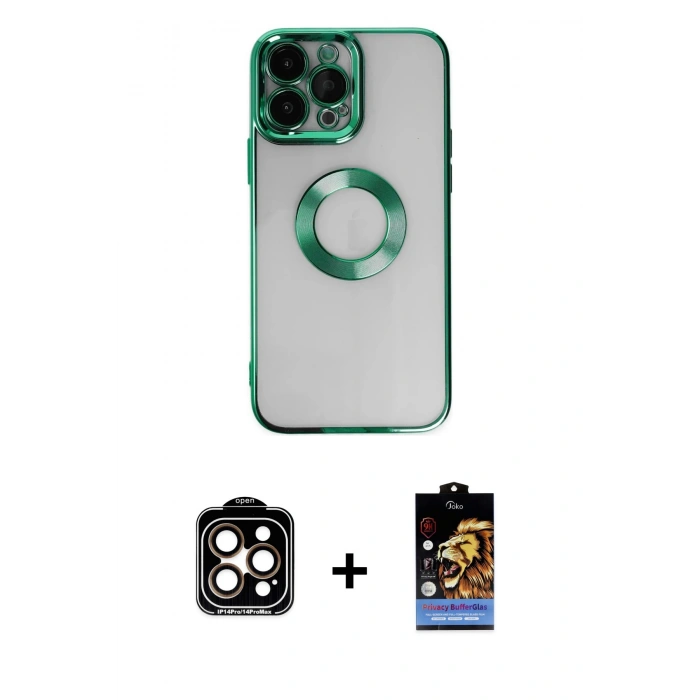 MARSİLYAN™- iPhone 14 Pro Max Kılıf Pusula Form - Siyah Buffer Hayalet Cam Ekran Koruyucu + Turuncu PVD Metal Kamera Lens