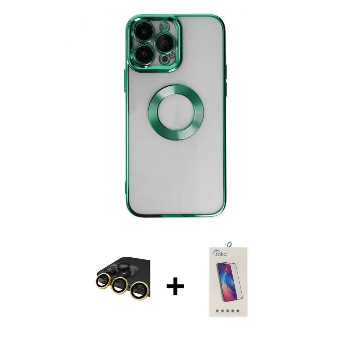 MARSİLYAN™- iPhone 14 Pro Max Kılıf Pusula Form - Siyah Joko 5D Cam + Gold Raze Metal Kamera Lens