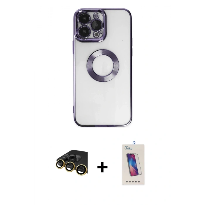 MARSİLYAN™- iPhone 14 Pro Max Kılıf Pusula Form - Siyah Joko 5D Cam + Gold Raze Metal Kamera Lens