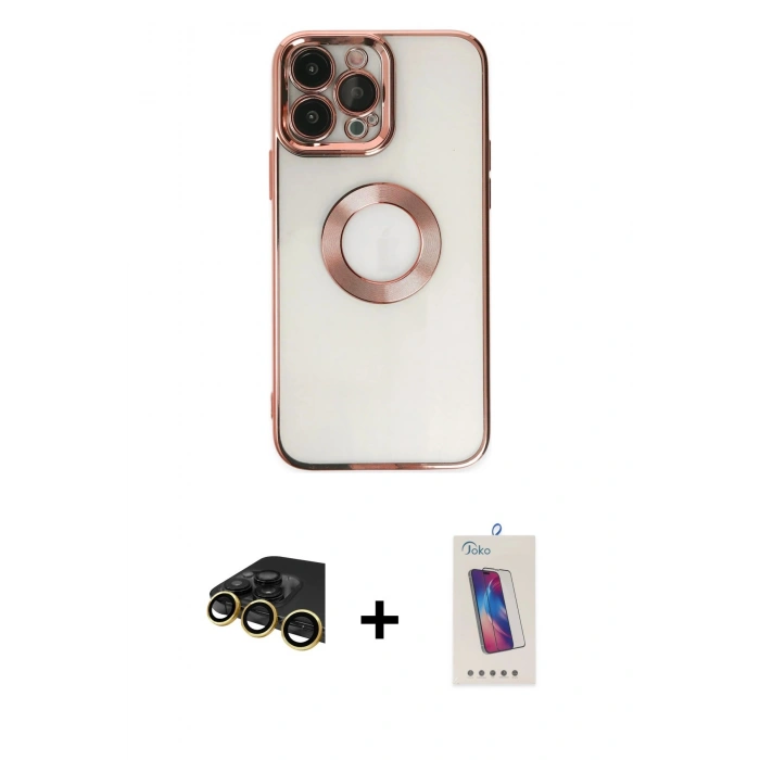 MARSİLYAN™- iPhone 14 Pro Max Kılıf Pusula Form - Siyah Joko 5D Cam + Gold Raze Metal Kamera Lens
