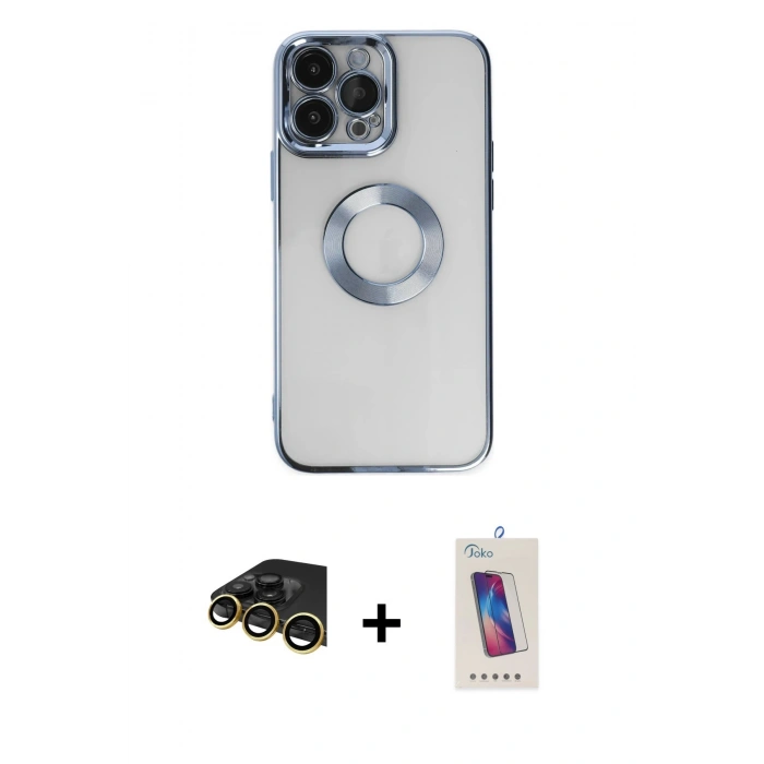 MARSİLYAN™- iPhone 14 Pro Max Kılıf Pusula Form - Siyah Joko 5D Cam + Gold Raze Metal Kamera Lens