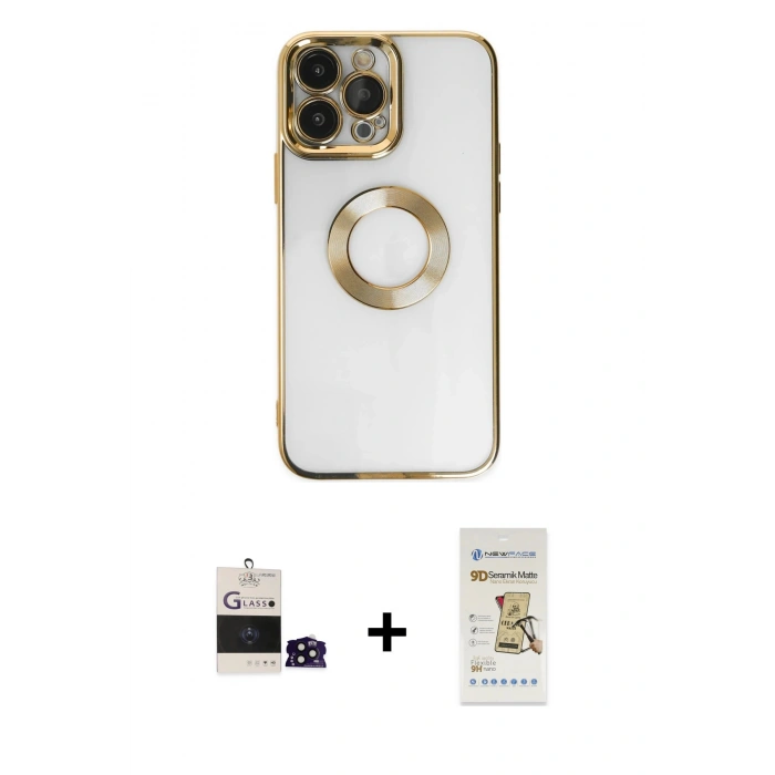 MARSİLYAN™- iPhone 14 Pro Max Kılıf Pusula Form - Siyah Mat Seramik Nano Ekran Koruyucu + Bilvis Titan Kamera Lens - SH