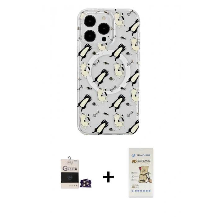 MARSİLYAN™- iPhone 14 Pro Max Kılıf Pusula Form - Siyah Mat Seramik Nano Ekran Koruyucu + Bilvis Titan Kamera Lens - GD