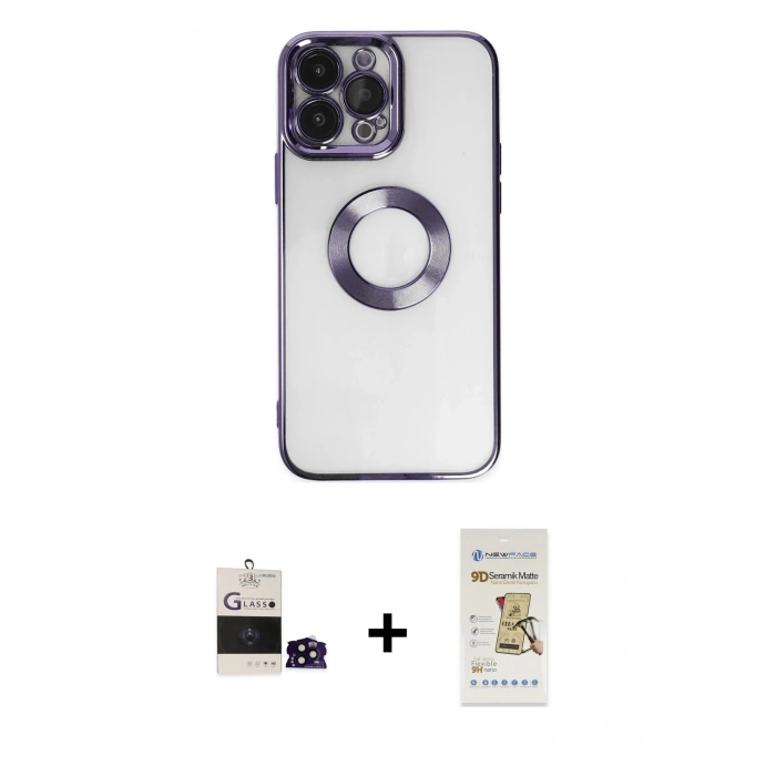 MARSİLYAN™- iPhone 14 Pro Max Kılıf Pusula Form - Siyah Mat Seramik Nano Ekran Koruyucu + Bilvis Titan Kamera Lens - SH