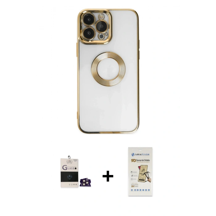 MARSİLYAN™- iPhone 14 Pro Max Kılıf Pusula Form - Siyah Mat Seramik Nano Ekran Koruyucu + Bilvis Titan Kamera Lens - GD