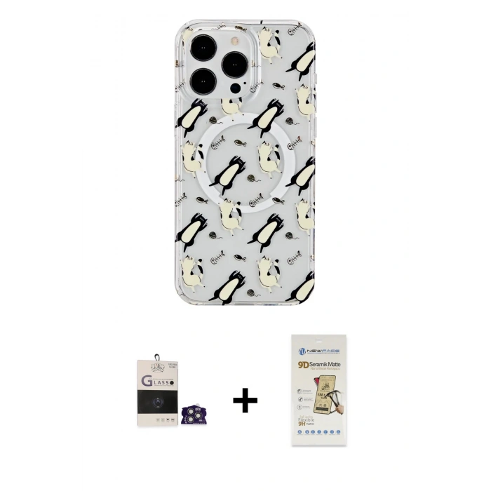 MARSİLYAN™- iPhone 14 Pro Max Kılıf Pusula Form - Siyah Mat Seramik Nano Ekran Koruyucu + Bilvis Titan Kamera Lens - GS
