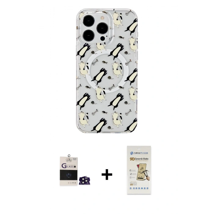 MARSİLYAN™- iPhone 14 Pro Max Kılıf Pusula Form - Siyah Mat Seramik Nano Ekran Koruyucu + Bilvis Titan Kamera Lens - DNMR