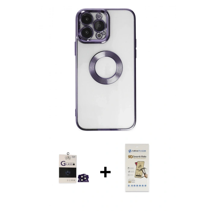 MARSİLYAN™- iPhone 14 Pro Max Kılıf Pusula Form - Siyah Mat Seramik Nano Ekran Koruyucu + Bilvis Titan Kamera Lens - DNMR