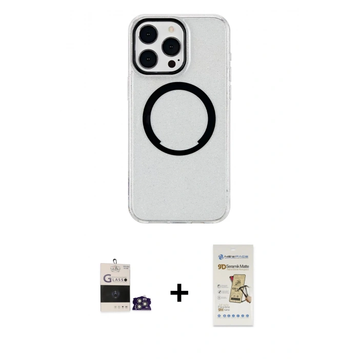 MARSİLYAN™- iPhone 14 Pro Max Kılıf Pusula Form - Siyah Mat Seramik Nano Ekran Koruyucu + Bilvis Titan Kamera Lens - GS