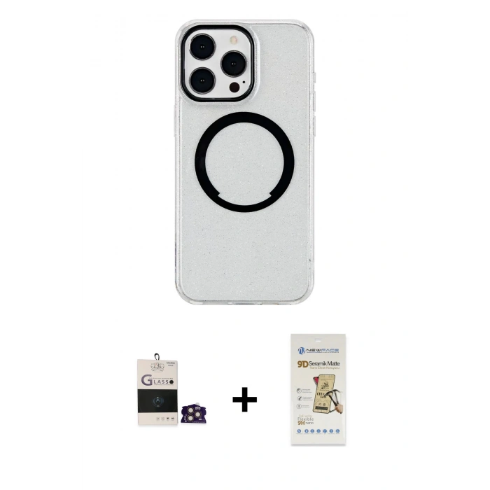 MARSİLYAN™- iPhone 14 Pro Max Kılıf Pusula Form - Siyah Mat Seramik Nano Ekran Koruyucu + Bilvis Titan Kamera Lens - GD
