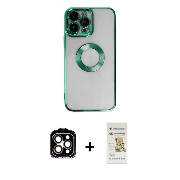 MARSİLYAN™- iPhone 14 Pro Max Kılıf Pusula Form - Siyah Mat Seramik Nano Ekran Koruyucu + PVD Metal Kamera Lens - TU