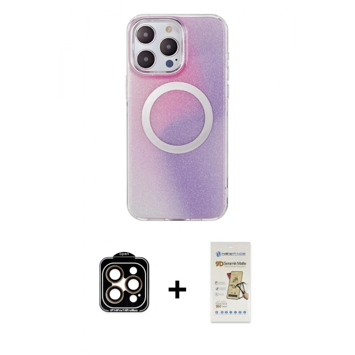 MARSİLYAN™- iPhone 14 Pro Max Kılıf Pusula Form - Siyah Mat Seramik Nano Ekran Koruyucu + PVD Metal Kamera Lens - TU