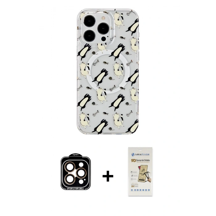 MARSİLYAN™- iPhone 14 Pro Max Kılıf Pusula Form - Siyah Mat Seramik Nano Ekran Koruyucu + PVD Metal Kamera Lens - TU