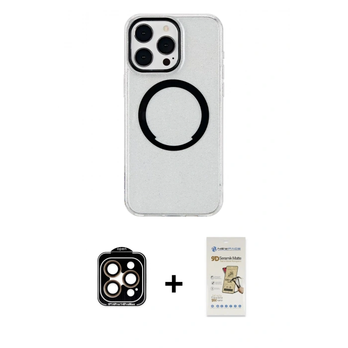 MARSİLYAN™- iPhone 14 Pro Max Kılıf Pusula Form - Siyah Mat Seramik Nano Ekran Koruyucu + PVD Metal Kamera Lens - TU
