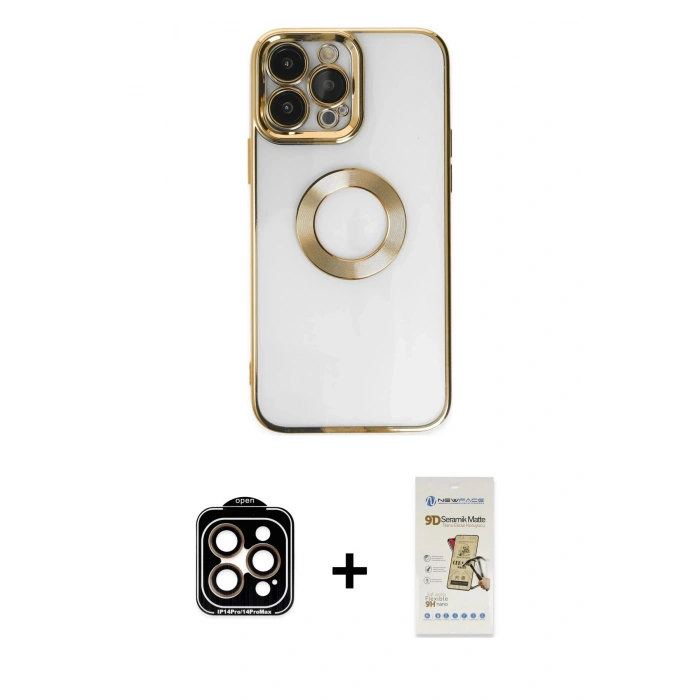 MARSİLYAN™- iPhone 14 Pro Max Kılıf Pusula Form - Siyah Mat Seramik Nano Ekran Koruyucu + PVD Metal Kamera Lens - TU