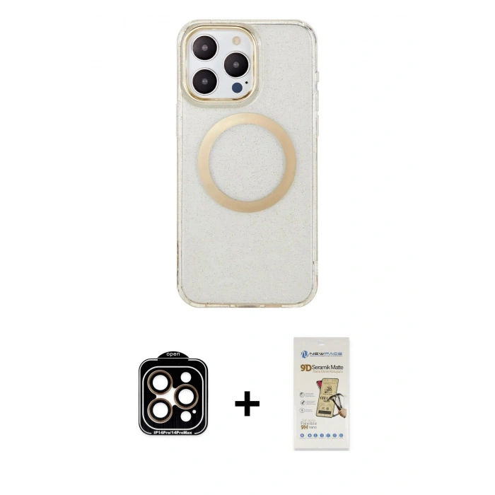 MARSİLYAN™- iPhone 14 Pro Max Kılıf Pusula Form - Siyah Mat Seramik Nano Ekran Koruyucu + PVD Metal Kamera Lens - TU