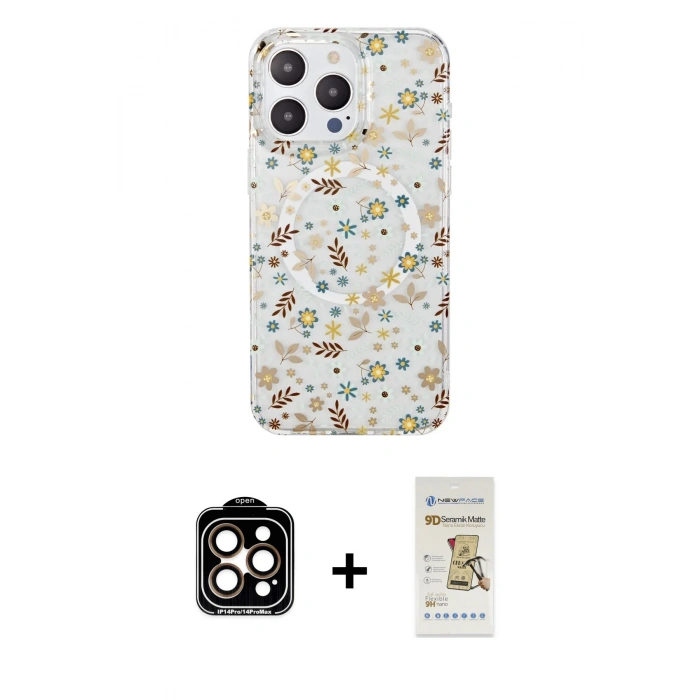 MARSİLYAN™- iPhone 14 Pro Max Kılıf Pusula Form - Siyah Mat Seramik Nano Ekran Koruyucu + PVD Metal Kamera Lens - TU