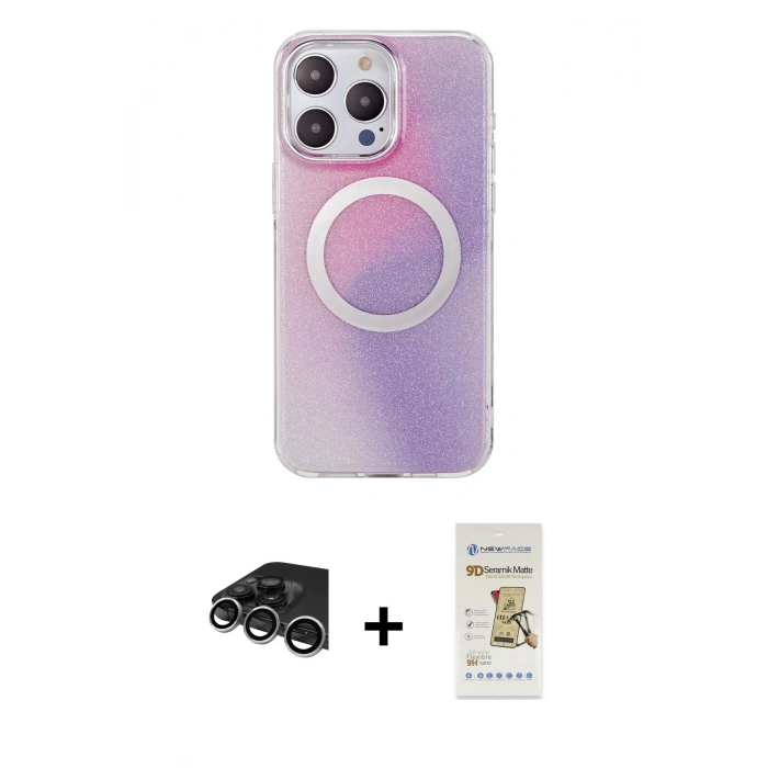 MARSİLYAN™- iPhone 14 Pro Max Kılıf Pusula Form - Siyah Mat Seramik Nano Ekran Koruyucu + Raze Metal Kamera Lens - GS